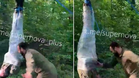 Наказание: Руски войник, увит в стреч фолио, виси с главата надолу (ВИДЕО 16+)