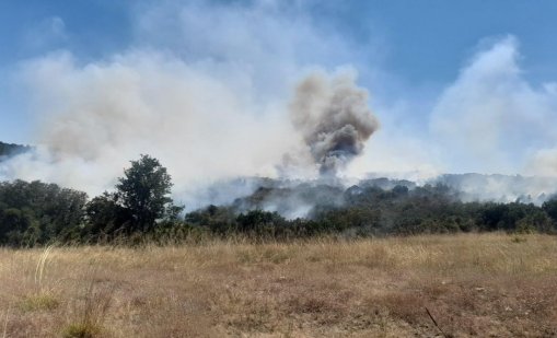 Голям пожар и край с. Българска поляна, в гасенето се включи хеликоптер 