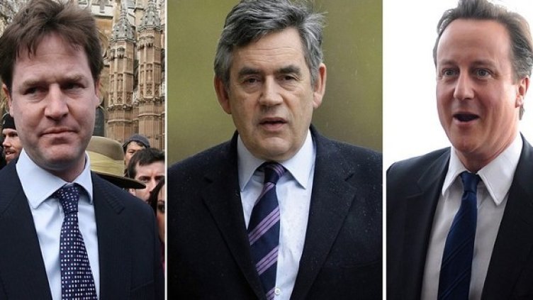 Партийните лидери (отляво надясно) Гордън Браун, Дейвид Камерън и Ник Клег. Снимка: БГНЕС