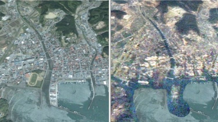 Сателитни снимки на град Минамисанрику, префектура Мияги, преди и след земетресението и цунамито. Снимка: Ройтерс