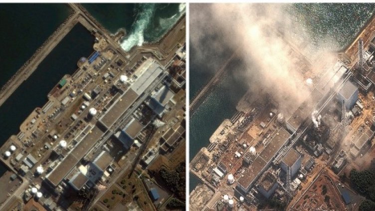 Сателитни снимки на АЕЦ &bdquo;Фукушима&ldquo; от 21 ноември 2004 г. и 14 март 2011 г. след взрива в 3-и реактор. Снимка: Ройтерс