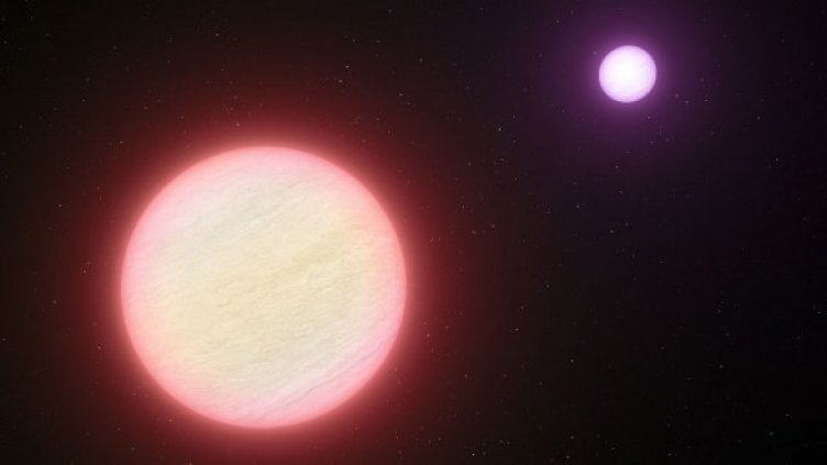 Двойката кафяви джуджета CFBDSIR J1458+10. На заден план (по-малката звезда) е кандидатката за най-студена звезда, откривана досега. Изображение: ESO/L. Cal&#231;ada