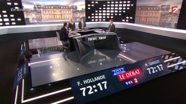 Оланд и Саркози по време на дебата. Снимка: Reuters