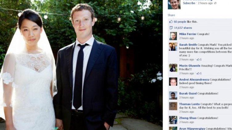 Щастливите младоженци приемат поздравления във Facebook. Снимка: Reuters