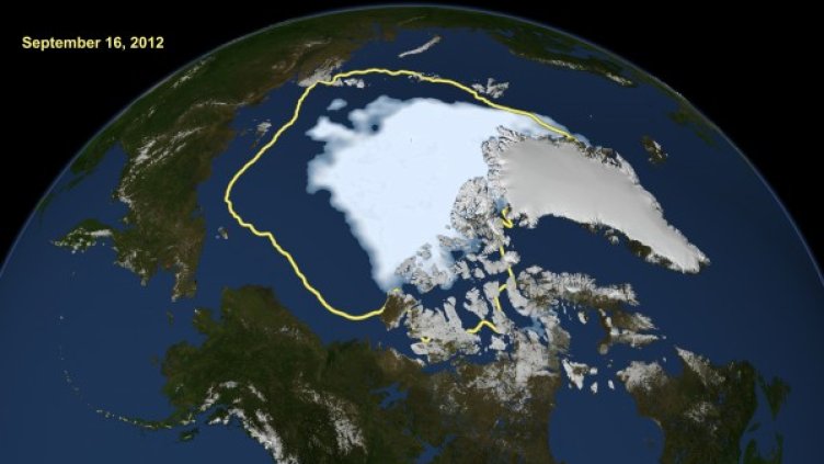 Нивото на арктическия лед  на 16 септември 2012 г. в сравнение с минималната средна степен през последните 30 години (в жълто). Снимка: Reuters