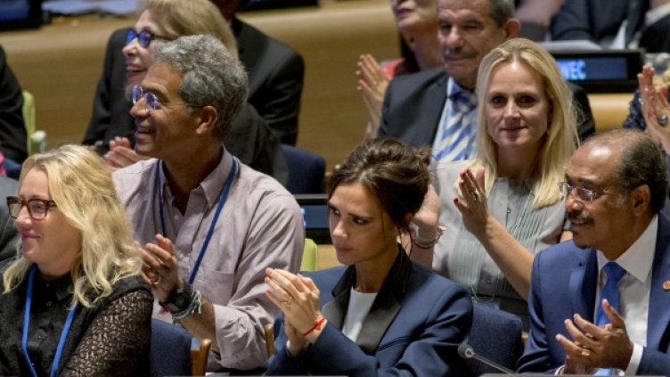 Виктория Бекъм на пресконференцията в централата на ООН в Ню Йорк. Снимка: Reuters