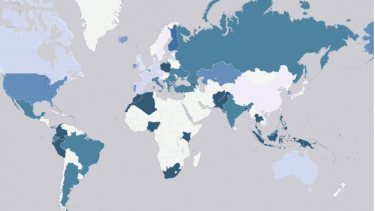 Колкото по-тъмен е синият цвят, толкова по-религиозно е населението. Снимка: Gallup