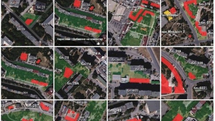 Карти, показващи в кои зелени площи в столичния квартал "Младост" е предвидено застрояване (маркираното с червено). Снимка: Facebook