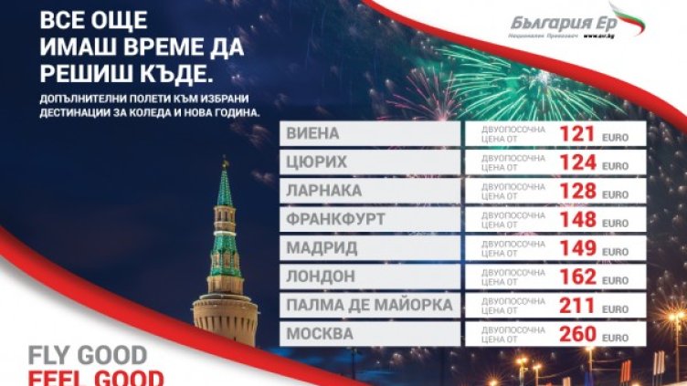 "България Ер" пуска допълнителни полети към 9 атрактивни дестинации за зимните празници