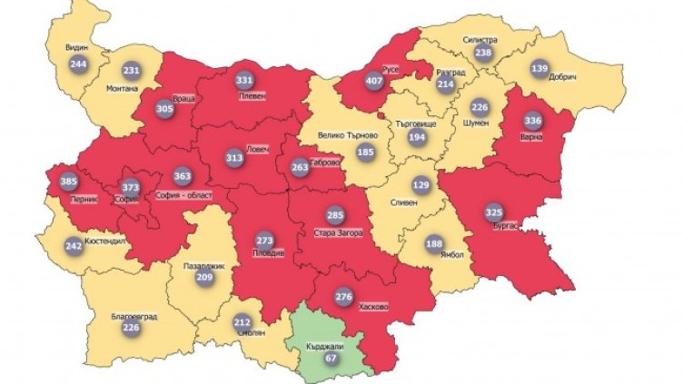 COVID карта: Вече 14 области са в жълтата зона, Кърджали - в зелената