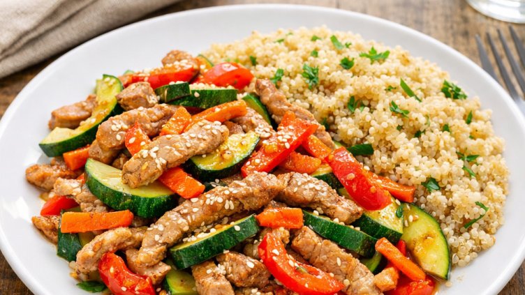 Здравословна рецепта днес: Свинско месо със зеленчуци и киноа