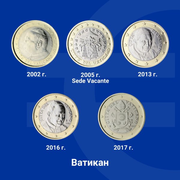 В обращение са пет серии монети, емитирани от Ватикана. Всички те са валидни.

Първата серия, на която е изобразен папа Йоан Павел ІІ, е емитирана от 2002 г. до 2005 г.

Втората серия, емитирана от юни 2005 г. до март 2006 г., представя герба на кардинал-камерлинга (временния държавен глава на Ватикана) над емблемата на Апостолическата камара в центъра на монетата. В горната част на монетата в полукръг са разположени надписът &bdquo;SEDE VACANTE&ldquo; и годината на емисия, изписана с римски цифри &bdquo;MMV&ldquo;. Името на дизайнера &bdquo;D. LONGO&ldquo; е в долната част вляво от централното изображение, а вдясно от него са разположени инициалите на гравьора &ndash; &bdquo;MAC inc&ldquo; (на монетите от 1 и 20 цента), &bdquo;LDS inc&ldquo; (на монетите от 2 и 50 цента), &bdquo;ELF inc&ldquo; (на монетите от 5 цента и 1 &euro;) и &bdquo;MCC inc&ldquo; (на монетите от 10 цента и 2 &euro;).

На третата серия, емитирана от април 2006 г. до декември 2013 г., е изобразен папа Бенедикт XVI. Вляво са инициалите на дизайнера &bdquo;DL&ldquo;.

На четвъртата серия, емитирана за първи път през януари 2014 г., е представено изображението на папа Франциск.

Петата серия, емитирана през март 2017 г., представя герба на суверена на държавата град Ватикан &ndash; папа Франциск.

Върху монетите от всички серии са изобразени 12-те звезди на европейското знаме, надписът &bdquo;CITT&Agrave; DEL VATICANO&ldquo;, годината на емитиране и знакът на монетния двор &bdquo;R&ldquo;. Снимка: Европейската комисия в България