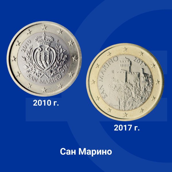 Две серии евромонети са в обращение в Сан Марино, като дизайнът на всяка от осемте купюри е различен. На монетата от 1 евро в първата серия е изобразен официалният герб на Републиката. Дизайнът на втората серия представлява изображение на крепостта Честа, наричана още втората кула на Сан Марино. Снимка: Европейската комисия в България