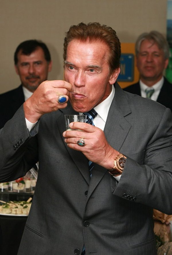 Губернаторът на Калифорния Арнолд Шварценегер яде корейска салата в хотел в Сеул, Южна Корея. Шварценегер е на обиколка в Азия, за да засили икономическите връзки. Снимка: БГНЕС