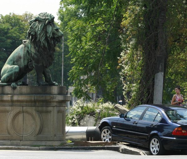 BMW се заби в тръбите за парно,  които преминават успоредно на Лъвов мост и те го спасиха от полет в канала. Снимка: Булфото