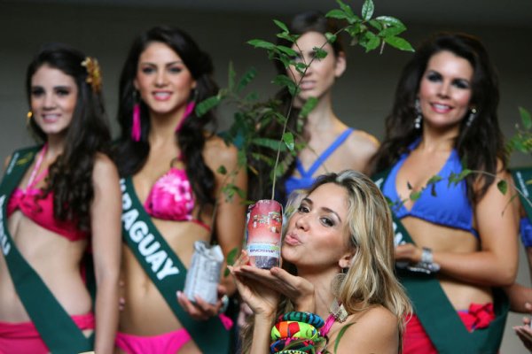 Красавицата Марелиса Бетанкорт от Панама целува дръвче по време на пресконференция преди конкурса Мис Земя 2011 година във Филипините. Снимка: БТА