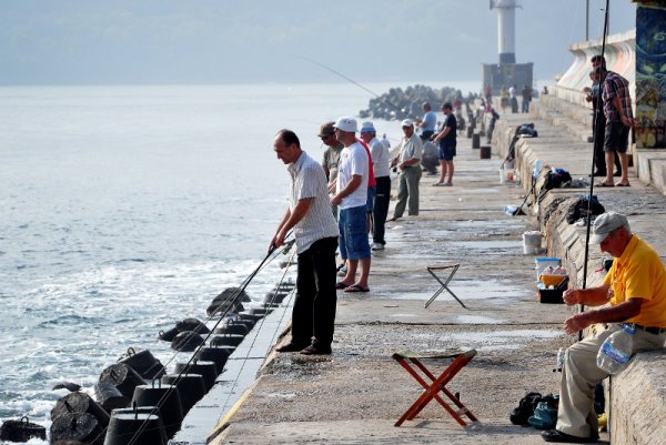 Хубавото време и есенните пасажи риба примамиха десетки риболовци на варненския вълнолом. Снимка: БТА