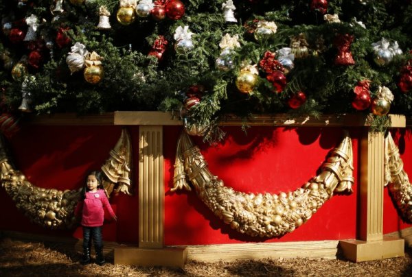 Момиченце си играе в подножието на огромна елха в Лос Анджелис. Снимка: Reuters