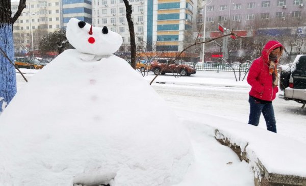 Жена преминава покрай снежен човек в китайския град Харбин, провинция Хъйлудзян. Снимка: БТА