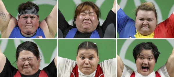 И жените са добри състезателки във вдигането на тежести. Колаж на Reuters представя лицата на щангистките в категория над 75 кг при жените. Снимка: Reuters