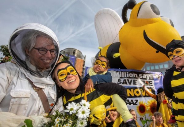 Защитници на пчелите и пчелари празнуват в центъра на Брюксел, след като ЕС подкрепи предложение за разширяване на частична забрана за използване на инсектициди, известни като неоникотиноиди, които са сочени като главният виновник за измирането на пчелите. Снимка: БТА