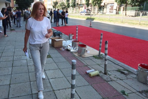 Кметът на София Йорданка Фандъкова присъства на представянето на нов вид пътна настилка, чиято цел е намаляване на скоростта преди пешеходна пътека. Снимка: Димитър Кьосемарлиев, Dnes.bg